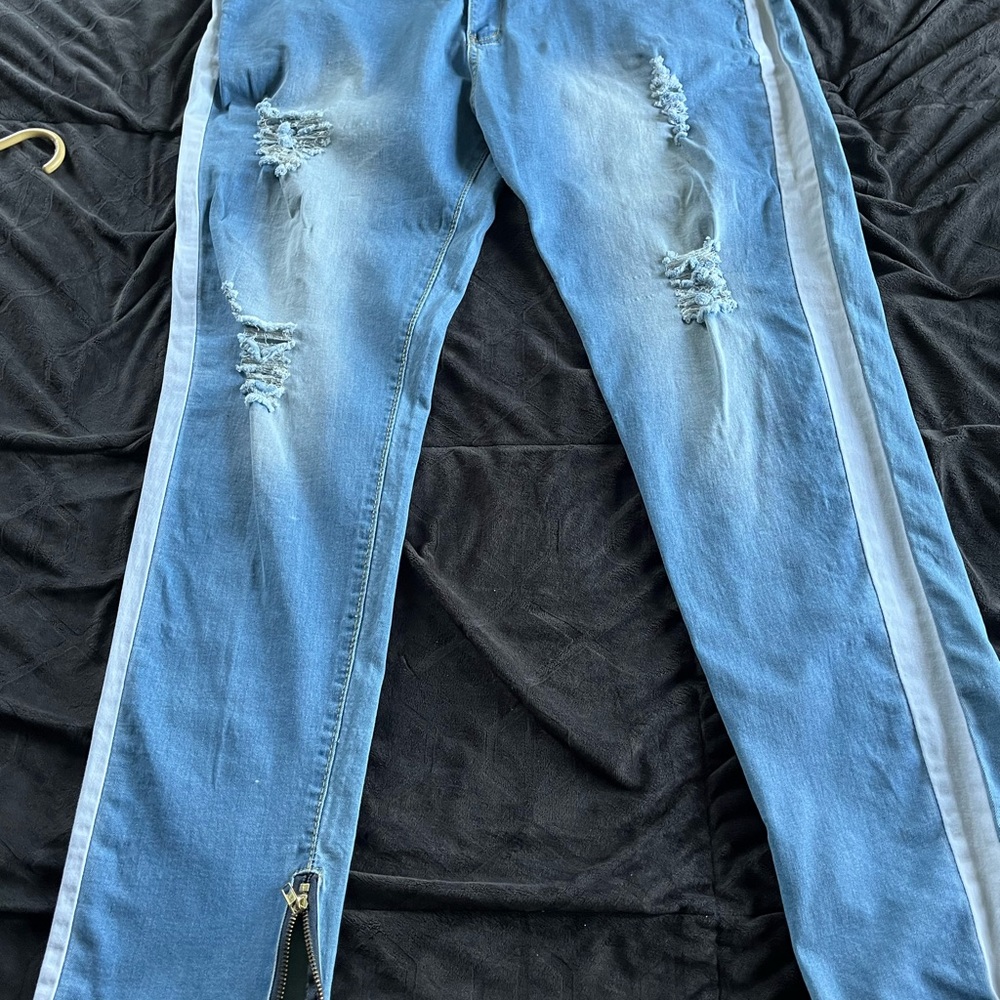 Blue Skinny Jeans White Stripe Zipper Leg